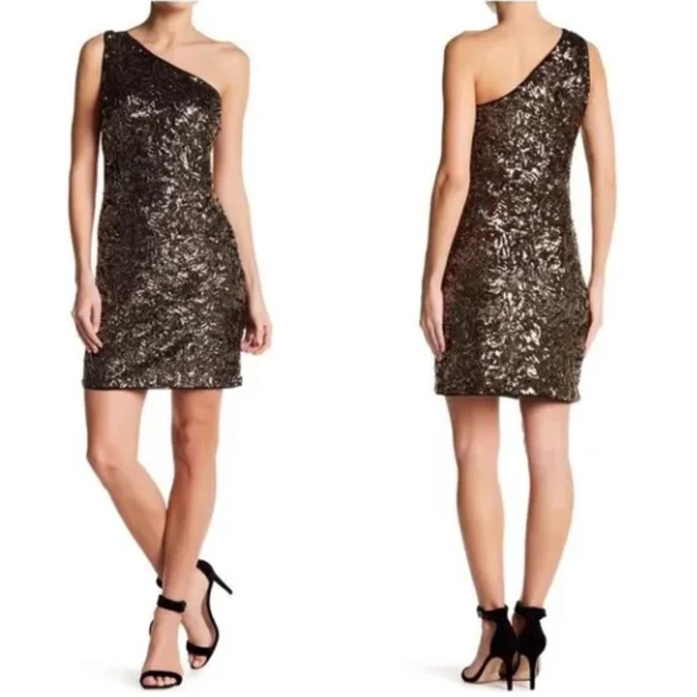 Aqua women's gold sequined one-shoulder short cocktail sheath dress size XS 00-2